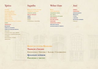 Ypióca Sagatiba Weber Haus Auri 
história 
história do Brasil 
cultura brasileira 
saber viver brasileiro 
nossas raízes 
nossa cultura 
nossos lugares 
nossa bebida oficial: a cachaça 
tempo 
tradicional 
qualidade 
tempo da natureza 
tempo do envelhecimento 
orgulho 
cultivar tudo com carinho 
dedicação e responsabilidade 
celebrar 
espontâneos, alegres 
aproveitar 
Brasil de ontem e de hoje 
aguardente nacional 
além dos limites 
base na tradição 
sabor 
pureza 
paixão 
ultrapassar a fronteira 
nobreza 
tradicional 
artesanalmente 
brilhante 
a única 
a melhor 
qualidade superior 
coração 
Brasil 
terras brasileiras 
adquiriram terras 
deu início 
mais premiada do brasil 
descendente 
pais para filhos 
familiares 
tradicional família 
processo manual 
ecologicamente correto 
Raízes da cultura Brasileira 
Tradição e Legado 
Espontânea / Sincero / Alegre / Celebrativo 
Qualidade superior 
Progresso e triunfo 
 