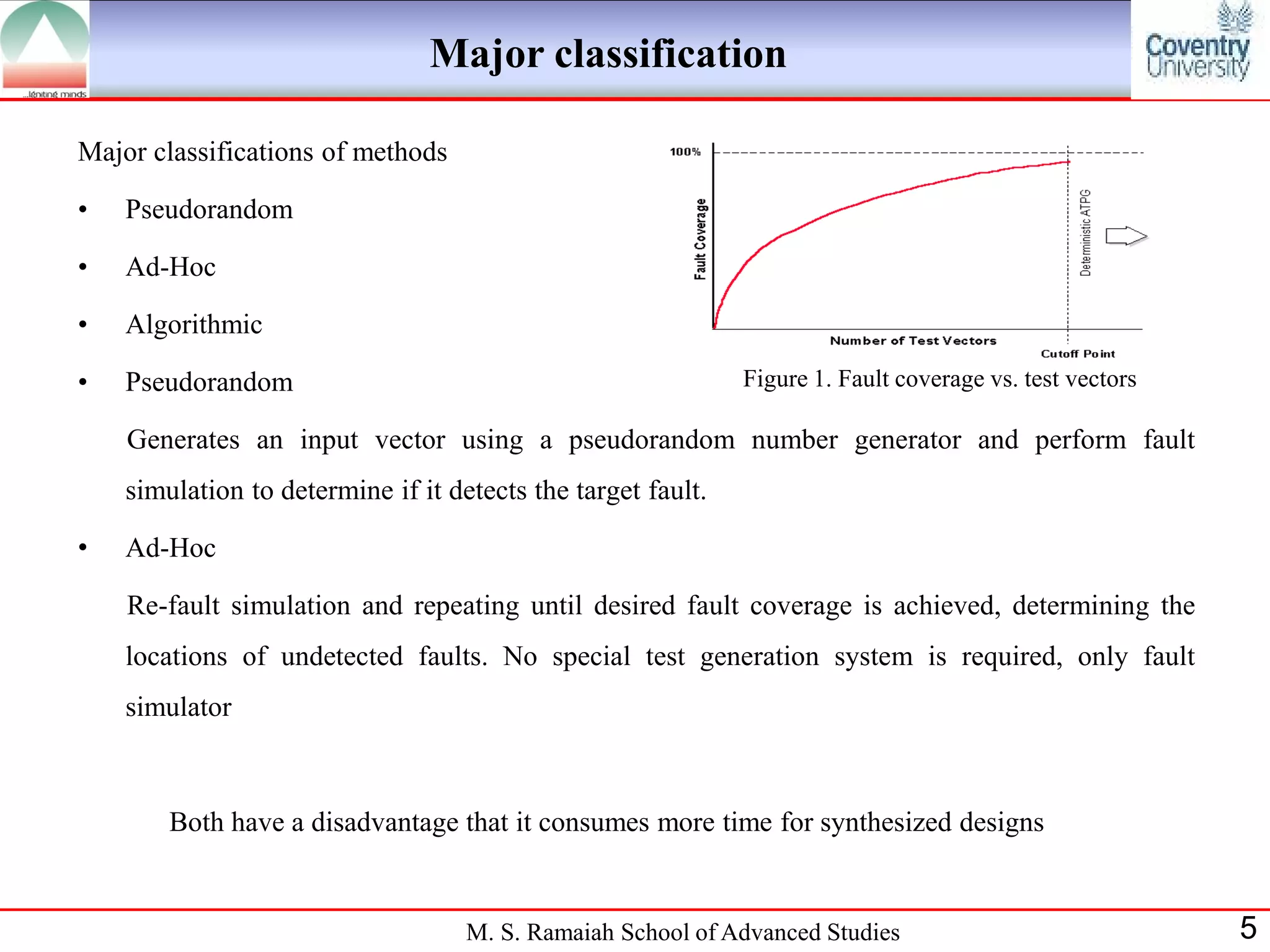 Major classification

Major classifications of methods

•   Pseudorandom

•   Ad-Hoc

•   Algorithmic

•   Pseudorandom                                              Figure 1. Fault coverage vs. test vectors

    Generates an input vector using a pseudorandom number generator and perform fault
    simulation to determine if it detects the target fault.

•   Ad-Hoc

    Re-fault simulation and repeating until desired fault coverage is achieved, determining the
    locations of undetected faults. No special test generation system is required, only fault
    simulator



        Both have a disadvantage that it consumes more time for synthesized designs


                                    M. S. Ramaiah School of Advanced Studies                              5
 