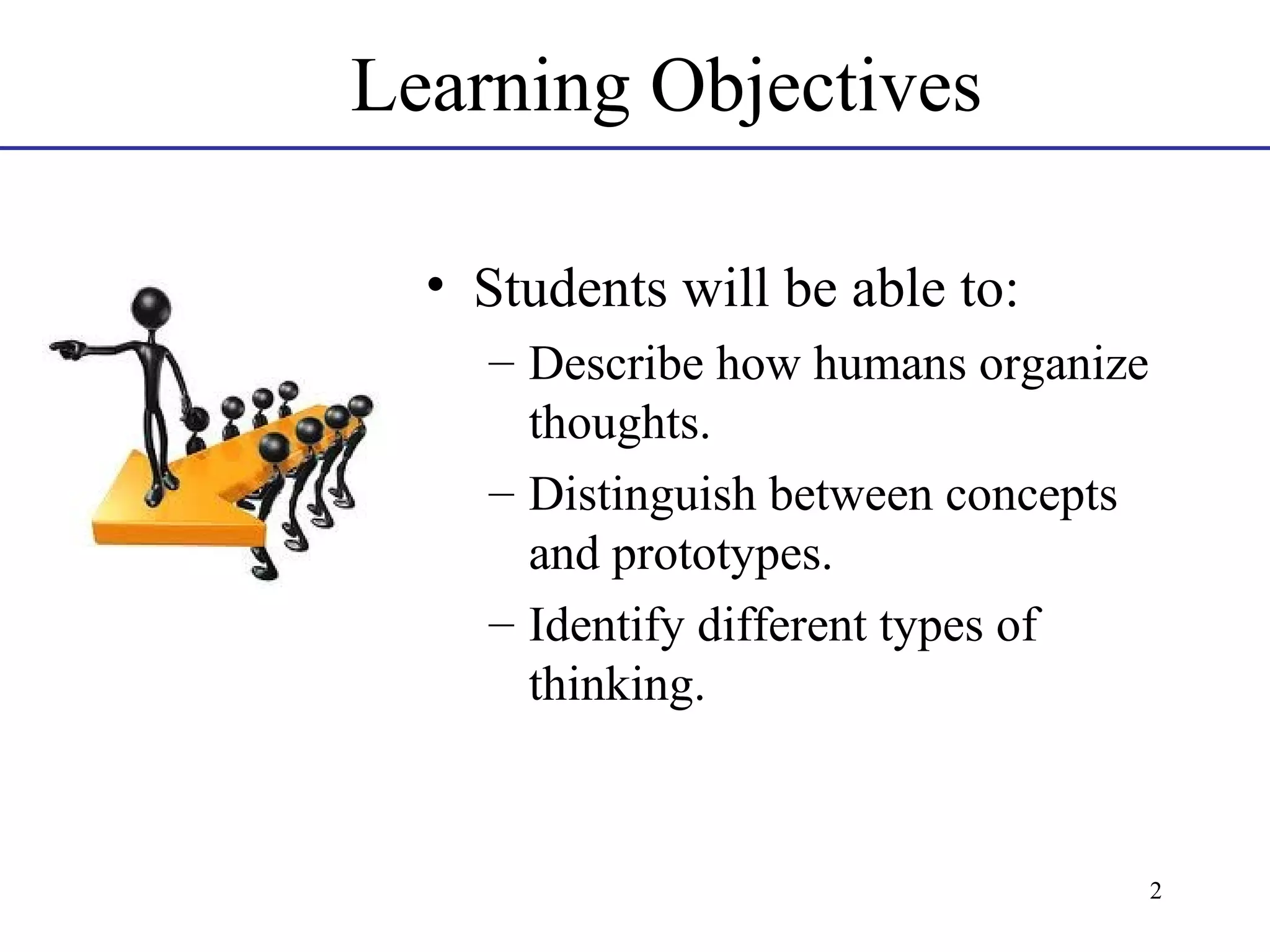 Learning Objectives
• Students will be able to:
– Describe how humans organize
thoughts.
– Distinguish between concepts
and prototypes.
– Identify different types of
thinking.

2

 