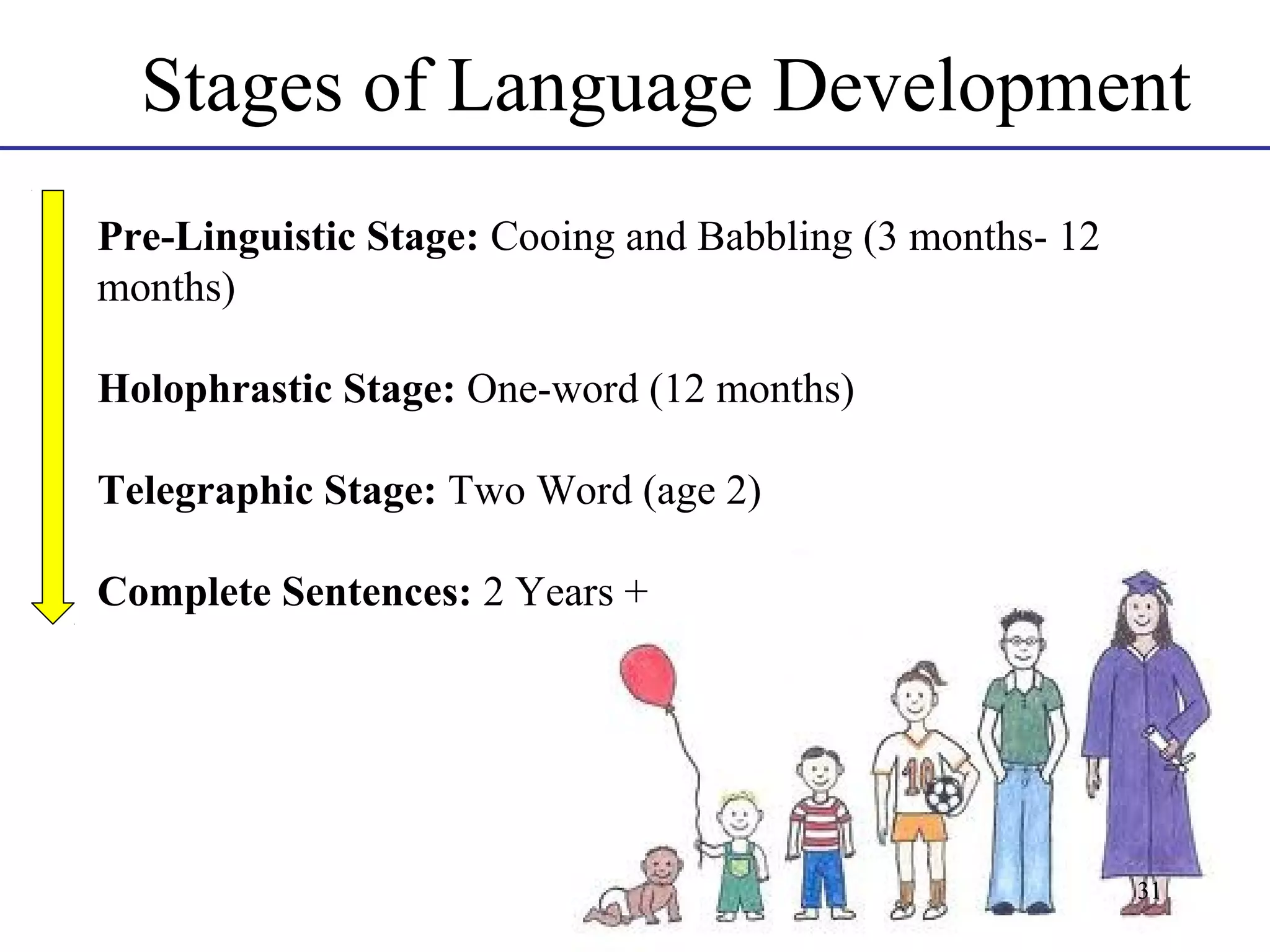 Stages of Language Development
Pre-Linguistic Stage: Cooing and Babbling (3 months- 12
months)
Holophrastic Stage: One-word (12 months)
Telegraphic Stage: Two Word (age 2)
Complete Sentences: 2 Years +

31

 