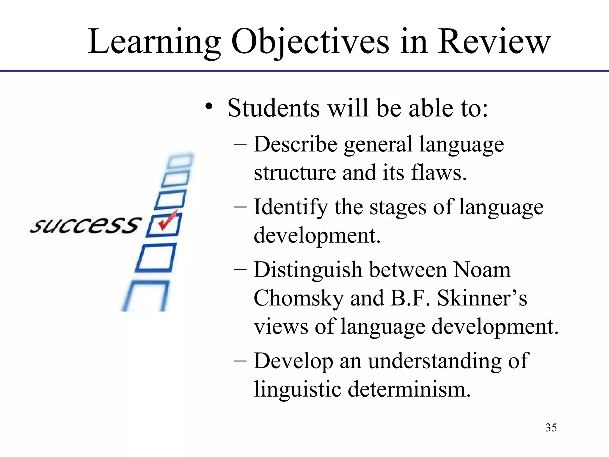 Learning Objectives in Review
• Students will be able to:
– Describe general language
structure and its flaws.
– Identify the stages of language
development.
– Distinguish between Noam
Chomsky and B.F. Skinner’s
views of language development.
– Develop an understanding of
linguistic determinism.
35

 