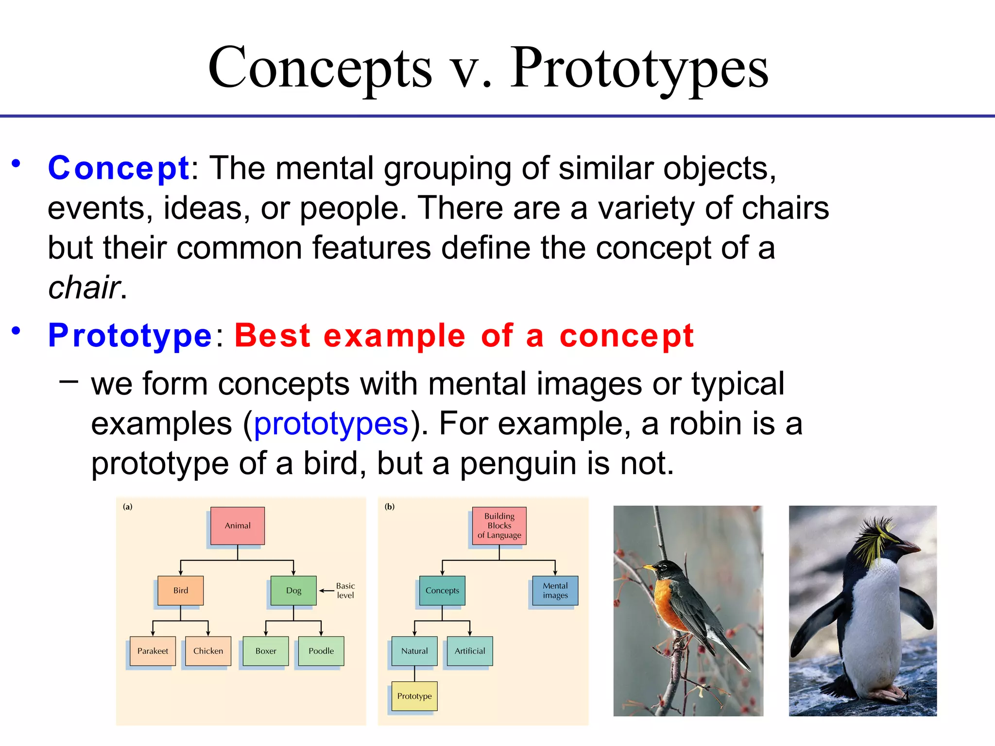 Concepts v. Prototypes
• Concept: The mental grouping of similar objects,
events, ideas, or people. There are a variety of chairs
but their common features define the concept of a
chair.
• Prototype: Best example of a concept
– we form concepts with mental images or typical
examples (prototypes). For example, a robin is a
prototype of a bird, but a penguin is not.

4

 