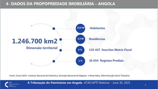 4- DADOS DA PROPOPRIEDADE IMOBILIÁRIA - ANGOLA
4
1.246.700 km2
Dimensão territorial
Residências
135 447 Inscritos Matriz Fiscal
36 654 Registos Prediais
Habitantes
3,3 M
4 %
32,9 M
1 %
A Tributação do Património em Angola -ATAF/APTI Webinar - June 30, 2021
Fonte: Censo 2014 –Instituto Nacional de Estatística, Direcção Nacional de Registos e Notariados, Administração Geral Tributária
 