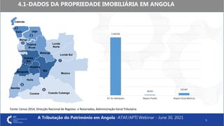 4.1-DADOS DA PROPRIEDADE IMOBILIÁRIA EM ANGOLA
5
3,340,505
36,654
135,447
N.º de Habitações… Registo Predial… Registo Fiscal Matricial…
1
2
3
4
6
7
5
Cabinda
Uíge
Bengo
Benguela
Namibe
Huíla
Bié
Lunda
Norte
Malange
Lunda Sul
Moxico
Cuando Cubango
Cunene
Cuanza
Sul
Zaire
Luanda
Cuanza
Norte
Huambo
A Tributação do Património em Angola -ATAF/APTI Webinar - June 30, 2021
Fonte: Censo 2014, Direcção Nacional de Registos e Notariados, Administração Geral Tributária
 