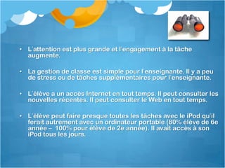 Écriture;  journal de bord, et usage du courriel. Il estsurprenant de voir la quantité de textequ’un élèvepeutécriresur un si petit écran.
