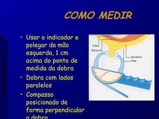 COMO MEDIR Usar o indicador e polegar da mão esquerda, 1 cm acima do ponto de medida da dobra Dobra com lados paralelos Compasso posicionado de forma perpendicular a dobra Aptidão morfológica 