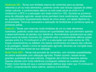 Moderado (M) - Terras com limitada reserva de nutrientes para as plantas,
referente a um ou mais elementos, podendo conter sais tóxicos capazes de afetar
certas culturas. A condutividade elétrica no solo pode situar-se entre 4 e 8
mmhos/cm a 25ºC e a saturação com sódio entre 6 e 15%. Durante os primeiros
anos de utilização agrícola, essas terras permitem bons rendimentos, verificando-
se, posteriormente (supostamente depois de cinco anos), um rápido declínio na
produtividade. Torna-se necessária a aplicação de fertilizantes e corretivos após as
primeiras safras.
Forte (F) - Terras com reservas muito limitadas de um ou mais elementos
nutrientes, podendo conter sais tóxicos em quantidades tais que permitam apenas
o desenvolvimento de plantas com tolerância. Normalmente caracterizam-se pela
baixa soma de bases trocáveis (S), podendo estar a condutividade elétrica quase
sempre entre 8 e 15 mmhos/cm a 25ºC e a saturação com sódio acima de 15%.
Essas características se refletem nos baixos rendimentos da maioria das culturas
e da pastagem, desde o início da exploração agrícola, devendo ser corrigida essa
deficiência na fase inicial de sua utilização.
Muito Forte (MF) - Terras mal providas de nutrientes, com remotas possibilidades
de serem exploradas com utilização agrícola. Podem ocorrer, nessas terras,
grandes quantidade de sais solúveis, chegando até a formar desertos salinos.
Apenas plantas com muita tolerância conseguem adaptar-se a essas áreas.
Podem incluir terras em que a condutividade elétrica seja maior que 15 mmhos/cm
a 25ºC, compreendendo solos salinos, sódicos e tiomórficos.
 