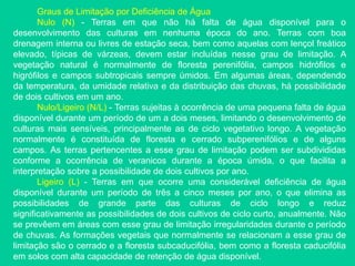 Graus de Limitação por Deficiência de Água
Nulo (N) - Terras em que não há falta de água disponível para o
desenvolvimento das culturas em nenhuma época do ano. Terras com boa
drenagem interna ou livres de estação seca, bem como aquelas com lençol freático
elevado, típicas de várzeas, devem estar incluídas nesse grau de limitação. A
vegetação natural é normalmente de floresta perenifólia, campos hidrófilos e
higrófilos e campos subtropicais sempre úmidos. Em algumas áreas, dependendo
da temperatura, da umidade relativa e da distribuição das chuvas, há possibilidade
de dois cultivos em um ano.
Nulo/Ligeiro (N/L) - Terras sujeitas à ocorrência de uma pequena falta de água
disponível durante um período de um a dois meses, limitando o desenvolvimento de
culturas mais sensíveis, principalmente as de ciclo vegetativo longo. A vegetação
normalmente é constituída de floresta e cerrado subperenifólios e de alguns
campos. As terras pertencentes a esse grau de limitação podem ser subdivididas
conforme a ocorrência de veranicos durante a época úmida, o que facilita a
interpretação sobre a possibilidade de dois cultivos por ano.
Ligeiro (L) - Terras em que ocorre uma considerável deficiência de água
disponível durante um período de três a cinco meses por ano, o que elimina as
possibilidades de grande parte das culturas de ciclo longo e reduz
significativamente as possibilidades de dois cultivos de ciclo curto, anualmente. Não
se prevêem em áreas com esse grau de limitação irregularidades durante o período
de chuvas. As formações vegetais que normalmente se relacionam a esse grau de
limitação são o cerrado e a floresta subcaducifólia, bem como a floresta caducifólia
em solos com alta capacidade de retenção de água disponível.
 