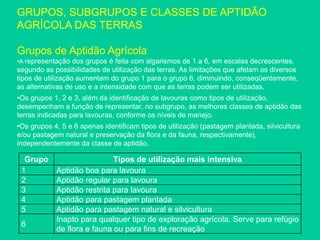 GRUPOS, SUBGRUPOS E CLASSES DE APTIDÃO
AGRÍCOLA DAS TERRAS
Grupos de Aptidão Agrícola
•A representação dos grupos é feita com algarismos de 1 a 6, em escalas decrescentes,
segundo as possibilidades de utilização das terras. As limitações que afetam os diversos
tipos de utilização aumentam do grupo 1 para o grupo 6, diminuindo, conseqüentemente,
as alternativas de uso e a intensidade com que as terras podem ser utilizadas.
•Os grupos 1, 2 e 3, além da identificação de lavouras como tipos de utilização,
desempenham a função de representar, no subgrupo, as melhores classes de aptidão das
terras indicadas para lavouras, conforme os níveis de manejo.
•Os grupos 4, 5 e 6 apenas identificam tipos de utilização (pastagem plantada, silvicultura
e/ou pastagem natural e preservação da flora e da fauna, respectivamente),
independentemente da classe de aptidão.
Grupo Tipos de utilização mais intensiva
1 Aptidão boa para lavoura
2 Aptidão regular para lavoura
3 Aptidão restrita para lavoura
4 Aptidão para pastagem plantada
5 Aptidão para pastagem natural e silvicultura
6
Inapto para qualquer tipo de exploração agrícola. Serve para refúgio
de flora e fauna ou para fins de recreação
 