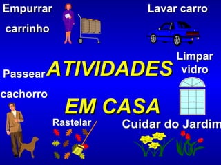 Cuidar do Jardim Rastelar Lavar carro Empurrar carrinho Passear cachorro Limpar vidro ATIVIDADES  EM CASA 