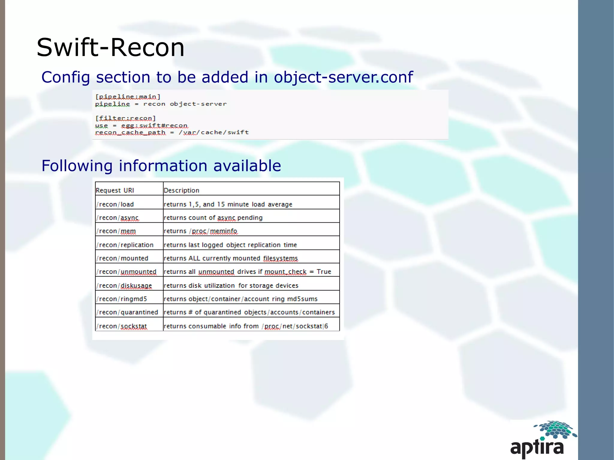 Swift-Recon
Config section to be added in object-server.conf




Following information available
 