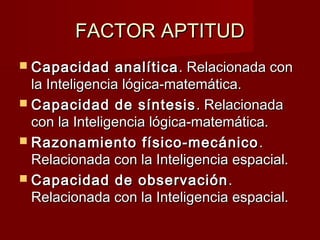 FACTOR APTITUD
 Capacidad

analítica . Relacionada con
la Inteligencia lógica-matemática.
 Capacidad de síntesis . Relac...