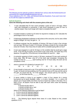 nareshbethi@rediffmail.com
1
A
Friends,
The following are the aptitude questions collected from various sites like freshersworld.com
vyomworld.com chetana-jobs@yahoogroups.com etc.
I have collections of C, C++, Java, and General Interview Questions. If you want more mail
to me with the subject as (Naresh+qts)
Aptitude Questions
Solve the following and check with the answers given at the end.
1. It was calculated that 75 men could complete a piece of work in 20 days. When
work was scheduled to commence, it was found necessary to send 25 men to
another project. How much longer will it take to complete the work?
2. A student divided a number by 2/3 when he required to multiply by 3/2. Calculate the
percentage of error in his result.
3. A dishonest shopkeeper professes to sell pulses at the cost price, but he uses a false
weight of 950gm. for a kg. His gain is …%.
4. A software engineer has the capability of thinking 100 lines of code in five minutes
and can type 100 lines of code in 10 minutes. He takes a break for five minutes after
every ten minutes. How many lines of codes will he complete typing after an hour?
5. A man was engaged on a job for 30 days on the condition that he would get a wage
of Rs. 10 for the day he works, but he have to pay a fine of Rs. 2 for each day of his
absence. If he gets Rs. 216 at the end, he was absent for work for ... days.
6. A contractor agreeing to finish a work in 150 days, employed 75 men each working 8
hours daily. After 90 days, only 2/7 of the work was completed. Increasing the
number of men by ________ each working now for 10 hours daily, the work can be
completed in time.
7. what is a percent of b divided by b percent of a?
(a) a (b) b (c) 1 (d) 10 (d) 100
8. A man bought a horse and a cart. If he sold the horse at 10 % loss and the cart at 20
% gain, he would not lose anything; but if he sold the horse at 5% loss and the cart at
5% gain, he would lose Rs. 10 in the bargain. The amount paid by him was Rs.-
_______ for the horse and Rs.________ for the cart.
9. A tennis marker is trying to put together a team of four players for a tennis
tournament out of seven available. males - a, b and c; females – m, n, o and p. All
players are of equal ability and there must be at least two males in the team. For a
team of four, all players must be able to play with each other under the following
restrictions:
b should not play with m,
c should not play with p, and
a should not play with o.
Which of the following statements must be false?
1. b and p cannot be selected together
2. c and o cannot be selected together
3. c and n cannot be selected together.
10-12. The following figure depicts three views of a cube. Based on this, answer
questions 10-12.
 