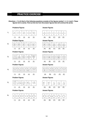 PRACTICE EXERCISE
Directions : (1 to 6) Each of the following questions consists of five figures marked 1, 2, 3, 4 and 5. These
figures form a series. Find out the one from the answer figures that will continue the series.
Problems Figures Answer Figures
1.
(1) (2) (3) (4) (5) (A) (B) (C) (D) (E)
Problem Figures Answer Figures
2.
(1) (2) (3) (4) (5) (A) (B) (C) (D) (E)
Problem Figures Answer Figures
3.
(1) (2) (3) (4) (5) (A) (B) (C) (D) (E)
Problem Figures Answer Figures
4.
(1) (2) (3) (4) (5) (A) (B) (C) (D) (E)
Problem Figures Answer Figures
5.
(1) (2) (3) (4) (5) (A) (B) (C) (D) (E)
Problem Figures Answer Figures
6.
(1) (2) (3) (4) (5) (A) (B) (C) (D) (E)
140
 