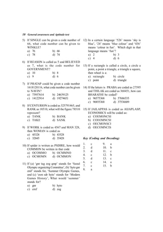 10 General awareness and Aptitude test
5) If SINGLE can be given a code number of
66, what code number can be given to
WINKLE?
a) 76 b) 66
c) 78 d) 74
6) If REASON is called as 5 and BELIEVED
as 7, what is the code number for
GOVERNMENT?
a) 10 b) 8
c) 9 d) 6
7) If PRATAP could be given a code number
1618120116, what code number can begiven
to NAVIN?
a) 73957614 b) 24639125
c) 14122914 d) 19274651
8) If CENTURION is coded as 325791465, and
RANK as 18510, what will the figure 78510
represent?
a) TANK b) BANK
c) TAKE d) SANK
9) If WORK is coded as 4567 and MAN 328,
then WOMAN is coded as
a) 45328 b) 43528
c) 32845 d) 35428
10) If spider is written as PSDIRE, how would
COMMON be written in that code
a) OCOMMO b) OCMMNO
c) OCMOMN d) OCMMON
11) If (a) ‘gnr tag zog qmp’ stands for ‘Seoul
Olympic organizing Committee’, (b) ‘hyto gnr
emf’ stands for, ‘Summer Olympic Games,
and (c) ‘esm sdr hyto’ stands for ‘Modern
Games History’, What would ‘summer’
stands for?
a) gnr b) hyto
c) emf d) zog
12) In a certain language ‘526’ means ‘sky is
blue’, ‘24’ means ‘blue colour’ and ‘436’
means ‘colour in fun’. Which digit in that
language means ‘fun’?
a) 2 b) 3
c) 4 d) 6
13) If a rectangle is called a circle, a circle a
point, a point a triangle, a triangle a square,
then wheel is a:
a) rectangle b) circle
c) point d) triangle
14) If the letters is PRABA are coded as 27595
and THILAK are coded as 368451, how can
BHARATHI be coded?
a) 96575368 b) 57686535
c) 96855368 d) 37536689
15) If JAILAPPAS is coded as AIJAPLASP,
ECONOMICS will be coded as:
a) COEMONCSI
b) COEOMNCSI
c) OECMONSCI
d) OECOMNCIS
Key (Coding and Decoding)
1. c 9. a
2. d 10. b
3. d 11. c
4. c 12. b
5. d 13. c
6. c 14. a
7. c 15. b
8. a
 