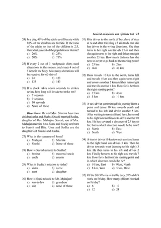 General awareness and Aptitude test 13
24) In a city, 40% of the adults are illiterate while
85% of the children are literate. If the ratio
of the adults to that of the children is 2:3,
then what percent of thepopulation is literate?
a) 20% b) 25%
c) 50% d) 75%
25) If every 2 out of 3 readymade shirts need
alterations in the sleeves, and every 4 out of
5 need in the body, how many alterations will
be required for 60 shirts?
a) 24 b) 123
c) 133 d) 143
26) If a clock takes seven seconds to strikes
seven, how long will it take to strike ten?
a) 7 seconds
b) 9 seconds
c) 10 seconds
d) None of these
Directions: Mr and Mrs. Sharma have two
childrenAsha and Shahsi.Shashi married Radha,
daughter of Mrs. Mahajan. Suresh, son of Mrs.
Mahajan marries Rita. Sonu and Rocky are born
to Suresh and Rita. Uma and Sudha are the
daughters of Shashi and Radha.
27) What is the surname of Sonu?
a) Mahajan b) Sharma
c) Shashi d) None of these
28) How is Suresh related to Sudha?
a) brother b) maternal uncle
c) uncle d) cousin
29) What is Sudha’s relation to Asha?
a) sister b) niece
c) aunt d) daughter
30) How is Sonu related to Mr. Mahajan?
a) son-in-law b) grandson
c) son d) none of these
31) Rita drives to the north of her place of stay
at A and after traveling 25 km finds that she
has driven in the wrong directions. She then
turns to her right and travels 2 km and then
sheagain turns to the right and drives straight
another 25 km. How much distance has she
now to cover to go back to the starting point?
a) 25 km b) 2km
c) 4km d) 40 km
32) Rana travels 10 km to the north, turns left
and travels 4 km and then again turns right
and covers another 5 km and then turns right
and travels another 4 km. How far is he from
the right starting point?
a) 15 km b) 4 km
c) 5 km d) 10 km
33) A taxi driver commenced his journey from a
point and drove 10 km towards north and
turned to his left and drove another 5 km.
After waiting to meet a friend here, he turned
to his right and continued to drive another 10
km. He has covered a distance of 25 km so
far, but in which direction would he be now?
a) North b) East
c) South d) West
34) A tourist drives 10 km towards east and turns
to the right hand and drives 3 km. Then he
drives towards west (turning to his right) 3
km. He then turns to his left and drives 2
km. Finally he turns to his right and travels 7
km. How far is he from his starting point and
in which direction would he be?
a) 10 km, East b) 9 km, North
c) 8 km, West d) 5 km, West
35) Of the 30 Officers on traffic duty, 20% didn’t
work on Friday. How many officers worked
on Friday?
a) 6 b) 10
c) 12 d) 24
 