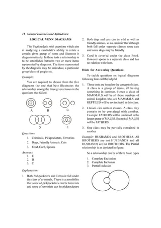 16 General awareness and Aptitude test
LOGICAL VENN DIAGRAMS
This Section deals with questions which aim
at analyzing a candidate’s ability to relate a
certain given group of items and illustrate it
diagrammatically. In these tests a relationship is
to be established between two or more items
represented by diagrams. The items represented
by the diagrams may be individual, a particular
group/class of people etc.
Example:
You are required to choose from the five
diagrams the one that best illustrates the
relationship among the three given classes in the
questions that follow.
A B C
D E
Questions
1. Criminals, Pickpocketers, Terrorists
2. Dogs, FriendlyAnimals, Cats
3. Food, Curd, Spoons
Answers
1. E
2. D
3. C
Explanation:
1. Both Pickpocketers and Terrosist fall under
the class of criminals. There is a possibility
that some of pickpocketers can be terrorists
and some of terrorists can be pickpocketers
2. Both dogs and cats can be wild as well as
friendly animals, so wecan infer that although
both fall under separate classes some cats
and some dogs may be friendly
3. Curd is covered under the class Food.
However spoon is a separate class and has
no relation with them.
Hints for Answering Questions:
To tackle questions on logical diagrams
following hints will be helpful
1. These tests are based on the concept of class.
A class is a group of items, all having
something in common. Hence a class of
MAMMALS will be all those members of
animal kingdom who are MAMMALS and
REPTILES will be not included in this class.
2. Classes can contain classes. A class may
contain or be contained with another.
Example: FATHERS will be contained in the
larger group of MALES. But not all MALES
will be FATHERS.
3. One class may be partially contained in
another
Example: HUSBANDS and BROTHERS. All
BROTHERS are not HUSBANDS and all
HUSBANDS are not BROTHERS. The Partial
relationship is as depicted in figure.
So a relationship can be of three basic types
1. Complete Exclusion
2. Complete Inclusion
3. Partial Inclusion
 