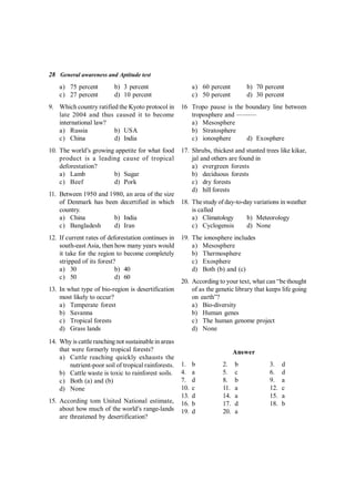 28 General awareness and Aptitude test
a) 60 percent b) 70 percent
c) 50 percent d) 30 percent
16 Tropo pause is the boundary line between
troposphere and ———
a) Mesosphere
b) Stratosphere
c) ionosphere d) Exosphere
17. Shrubs, thickest and stunted trees like kikar,
jal and others are found in
a) evergreen forests
b) deciduous forests
c) dry forests
d) hill forests
18. Thestudy of day-to-day variations in weather
is called
a) Climatology b) Meteorology
c) Cyclogensis d) None
19. The ionosphere includes
a) Mesosphere
b) Thermosphere
c) Exosphere
d) Both (b) and (c)
20. According to your text, what can “be thought
of as the genetic library that keeps life going
on earth”?
a) Bio-diversity
b) Human genes
c) The human genome project
d) None
Answer
1. b 2. b 3. d
4. a 5. c 6. d
7. d 8. b 9. a
10. c 11. a 12. c
13. d 14. a 15. a
16. b 17. d 18. b
19. d 20. a
a) 75 percent b) 3 percent
c) 27 percent d) 10 percent
9. Which country ratified the Kyoto protocol in
late 2004 and thus caused it to become
international law?
a) Russia b) USA
c) China d) India
10. The world’s growing appetite for what food
product is a leading cause of tropical
deforestation?
a) Lamb b) Sugar
c) Beef d) Pork
11. Between 1950 and 1980, an area of the size
of Denmark has been decertified in which
country.
a) China b) India
c) Bangladesh d) Iran
12. If current rates of deforestation continues in
south-east Asia, then how many years would
it take for the region to become completely
stripped of its forest?
a) 30 b) 40
c) 50 d) 60
13. In what type of bio-region is desertification
most likely to occur?
a) Temperate forest
b) Savanna
c) Tropical forests
d) Grass lands
14. Why is cattleranching not sustainablein areas
that were formerly tropical forests?
a) Cattle reaching quickly exhausts the
nutrient-poor soil of tropical rainforests.
b) Cattle waste is toxic to rainforest soils.
c) Both (a) and (b)
d) None
15. According tom United National estimate,
about how much of the world’s range-lands
are threatened by desertification?
 