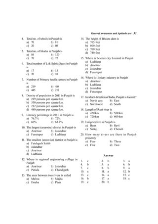 General awareness and Aptitude test 33
4. Total no. of tehsils in Punjab is
a) 70 b) 81
c) 20 d) 80
5. Total no. of blocks in Punjab is
a) 86 b) 120
c) 70 d) 72
6. Total number of Lok Sabha Seats in Punjab
is
a) 17 b) 13
c) 20 d) 10
7. Number of Primary health centres in Punjab
is
a) 219 b) 484
c) 445 d) 212
8. Density of population in 2011 in Punjab is
a) 219 persons per square km.
b) 550 persons per square km.
c) 212 persons per square km.
d) 480 persons per square km.
9. Literacy percentage in 2011 in Punjab is
a) 76.7% b) 72%
c) 60% d) 63.2%
10. The largest (areawise) district in Punjab is
a) Amritsar b) Jalandhar
c) Ferozepur d) Ludhiana
11. The smallest (areawise) district in Punjab is
a) Fatehgarh Sahib
b) Jalandhar
c) Amritsar
d) Ludhiana
12. Where is regional engineering college in
Punjab
a) Amritsar b) Jalandhar
c) Patiala d) Chandigarh
13. The area between two rivers is called
a) Malwa b) Majha
c) Doaba d) Plain
14. The height of Bhakra dam is
a) 765 feet
b) 800 feet
c) 700 feet
d) 740 feet
15. Where is Science city Located in Punjab
a) Ludhiana
b) Amritsar
c) Jalandhar
d) Ferozepur
16. Where is Hosiery industry in Punjab
a) Amritsar
b) Ludhiana
c) Jalandhar
d) Ferozepur
17. In which direction of India, Punjab is located?
a) North east b) East
c) Northwest d) South
18. Length of Ravi river is
a) 450 km b) 500 km
c) 720 km d) 600 km
19. Longest river in Punjab is
a) Beas b) Ravi
c) Satluj d) Chenab
20. How many rivers are there in Punjab
presently
a) Four b) Three
c) Five d) Two
Answer
1. c 2. b 3. a
4. b 5. a 6. b
7. c 8. b 9. a
10. a 11. a 12. b
13. c 14. a 15. c
16. b 17. a 18. c
19. c 20. b
 