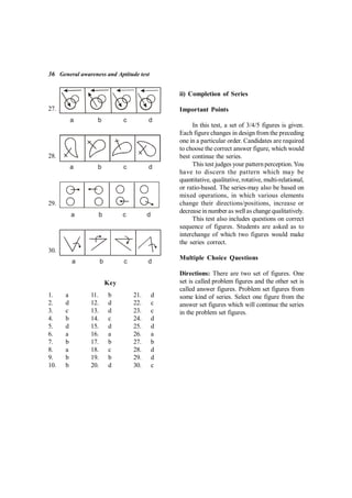 36 General awareness and Aptitude test
27.
a b c d
28.
a b c d
29.
a b c d
30.
a b c d
Key
1. a 11. b 21. d
2. d 12. d 22. c
3. c 13. d 23. c
4. b 14. c 24. d
5. d 15. d 25. d
6. a 16. a 26. a
7. b 17. b 27. b
8. a 18. c 28. d
9. b 19. b 29. d
10. b 20. d 30. c
ii) Completion of Series
Important Points
In this test, a set of 3/4/5 figures is given.
Each figure changes in design from the preceding
one in a particular order. Candidates are required
to choose the correct answer figure, which would
best continue the series.
This test judges your pattern perception.You
have to discern the pattern which may be
quantitative, qualitative, rotative, multi-relational,
or ratio-based. The series-may also be based on
mixed operations, in which various elements
change their directions/positions, increase or
decreasein number as well as changequalitatively.
This test also includes questions on correct
sequence of figures. Students are asked as to
interchange of which two figures would make
the series correct.
Multiple Choice Questions
Directions: There are two set of figures. One
set is called problem figures and the other set is
called answer figures. Problem set figures from
some kind of series. Select one figure from the
answer set figures which will continue the series
in the problem set figures.
 