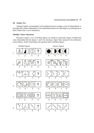 General awareness and Aptitude test 39
iii) Analog Test
'Analogy' implies corresponding. In the problems based on analogy, a pair of related figures is
provided and a similar relationship is to be established between two other figures, by selecting one or
both of them from a set of alternatives.
Multiple Choice Questions
Directions: Figures 1 & 2 in Problem figures are related in a particular manner. Establish the
same relationship between figures 3 and 4 by choosing a figure from among the four alternative
answer figures, which would replace the question mark in problem figures.
Problem Figures Answer Figures
1.
1 2 3 4 a b c d
2.
c
c
1 2 3 4 a b c d
3. ?
1 2 3 4 a b c d
4. ?
1 2 3 4 a b c d
5. ?
1 2 3 4 a b c d
6.
?
1 2 3 4 a b c d
 