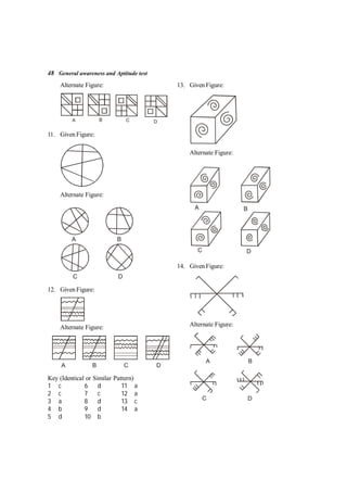 48 General awareness and Aptitude test
Alternate Figure:
A B C D
11. Given Figure:
Alternate Figure:
A
C
B
D
12. Given Figure:
Alternate Figure:
A B C D
13. Given Figure:
Alternate Figure:
C D
A B
14. Given Figure:
Alternate Figure:
A B
C D
Key (Identical or Similar Pattern)
1 c 6 d 11 a
2 c 7 c 12 a
3 a 8 d 13 c
4 b 9 d 14 a
5 d 10 b
 