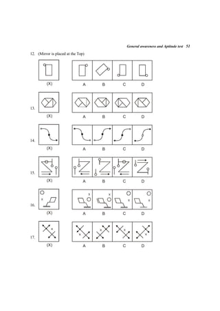 General awareness and Aptitude test 51
12. (Mirror is placed at the Top)
(X) A B C D
13.
(X) A B C D
14.
(X) A B C D
15.
(X) A B C D
16.
(X) A B C D
X
X X
X X
17.
(X) A B C D
 