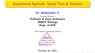Quantitative Aptitude: Speed Time & Distance
Dr. Manjunatha. P
manjup.jnnce@gmail.com
Professor & Dean Academics
JNNCE Shimoga
Dept. of ECE
J.N.N. College of Engineering, Shimoga
Distance
Speed
Distance=Speed X Time
Time
October 18, 2022
 