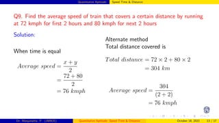Quantitative Aptitude: Speed Time & Distance
Q9. Find the average speed of train that covers a certain distance by running
at 72 kmph for first 2 hours and 80 kmph for next 2 hours
Solution:
When time is equal
Average speed =
x + y
2
=
72 + 80
2
= 76 kmph
Alternate method
Total distance covered is
Total distance = 72 × 2 + 80 × 2
= 304 km
Average speed =
304
(2 + 2)
= 76 kmph
Dr. Manjunatha. P (JNNCE) Quantitative Aptitude: Speed Time & Distance October 18, 2022 13 / 17
 