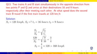 Quantitative Aptitude: Speed Time & Distance
Q13. Two trains A and B start simultaneously in the opposite direction from
two points P and Q and arrive at their destinations 16 and 9 hours
respectively after their meeting each other. At what speed does the second
train B travel if the first train travels at 120 km/h
Solution:
S1 = 120 kmph, S2 =? t1 = 16 hours t2 = 9 hours
S1
S2
=
r
t2
t1
120
S2
=
r
9
16
=
3
4
S2 =
4
3
× 120 = 160 kmph
Dr. Manjunatha. P (JNNCE) Quantitative Aptitude: Speed Time & Distance October 18, 2022 17 / 17
 
