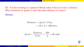Quantitative Aptitude: Speed Time & Distance
Q1. A truck traveling at a speed of 40mph takes 4 hours to cover a distance.
What should be its speed to cover the same distance in 2 hours?
Solution:
Distance = speed × Time
= 40 × 4 = 160miles
speed =
Distance
Time
=
160
2
= 80 mph
Dr. Manjunatha. P (JNNCE) Quantitative Aptitude: Speed Time & Distance October 18, 2022 5 / 17
 
