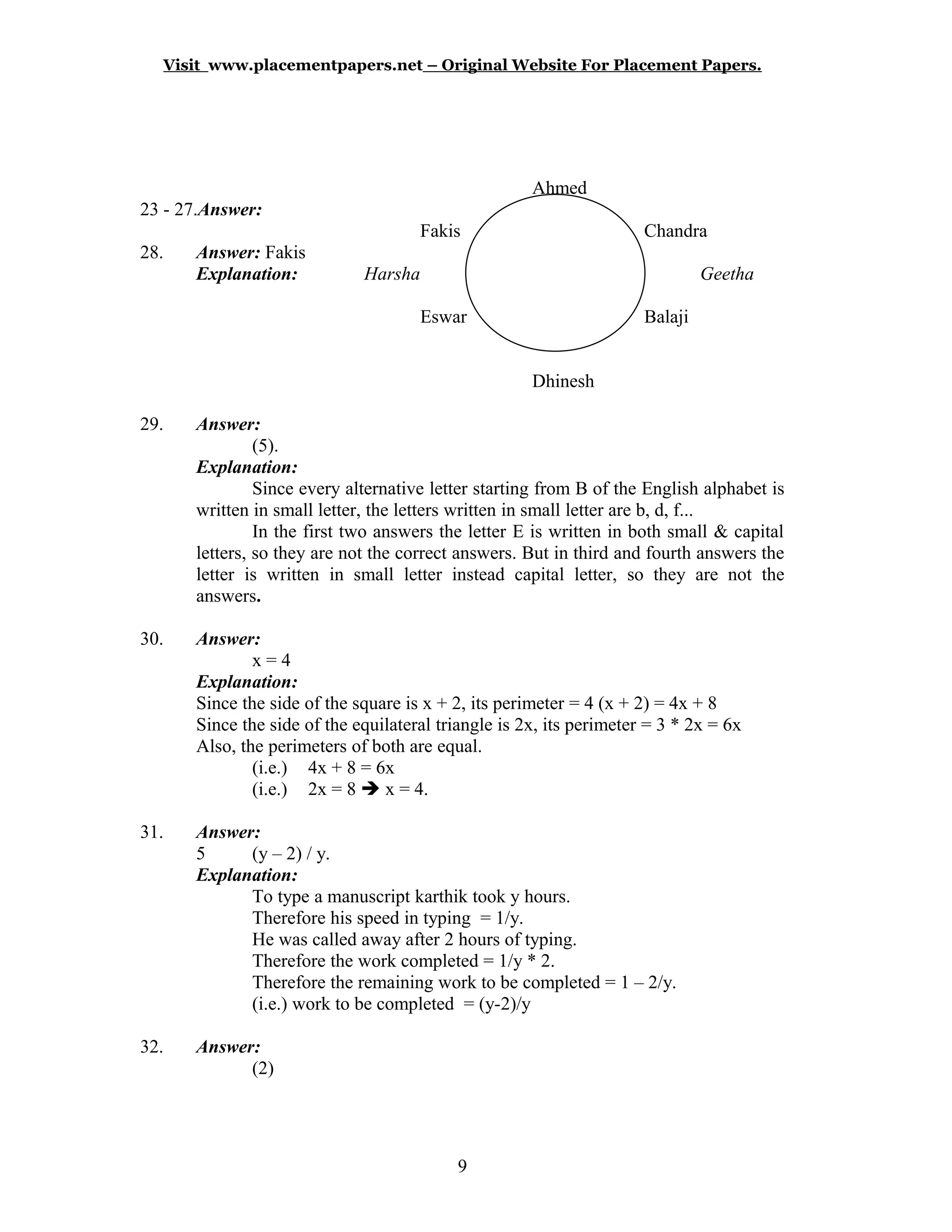 Visit www.placementpapers.net – Original Website For Placement Papers.
Ahmed
23 - 27.Answer:
Fakis Chandra
28. Answer: Fakis
Explanation: Harsha Geetha
Eswar Balaji
Dhinesh
29. Answer:
(5).
Explanation:
Since every alternative letter starting from B of the English alphabet is
written in small letter, the letters written in small letter are b, d, f...
In the first two answers the letter E is written in both small & capital
letters, so they are not the correct answers. But in third and fourth answers the
letter is written in small letter instead capital letter, so they are not the
answers.
30. Answer:
x = 4
Explanation:
Since the side of the square is x + 2, its perimeter = 4 (x + 2) = 4x + 8
Since the side of the equilateral triangle is 2x, its perimeter = 3 * 2x = 6x
Also, the perimeters of both are equal.
(i.e.) 4x + 8 = 6x
(i.e.) 2x = 8  x = 4.
31. Answer:
5 (y – 2) / y.
Explanation:
To type a manuscript karthik took y hours.
Therefore his speed in typing = 1/y.
He was called away after 2 hours of typing.
Therefore the work completed = 1/y * 2.
Therefore the remaining work to be completed = 1 – 2/y.
(i.e.) work to be completed = (y-2)/y
32. Answer:
(2)
9
 