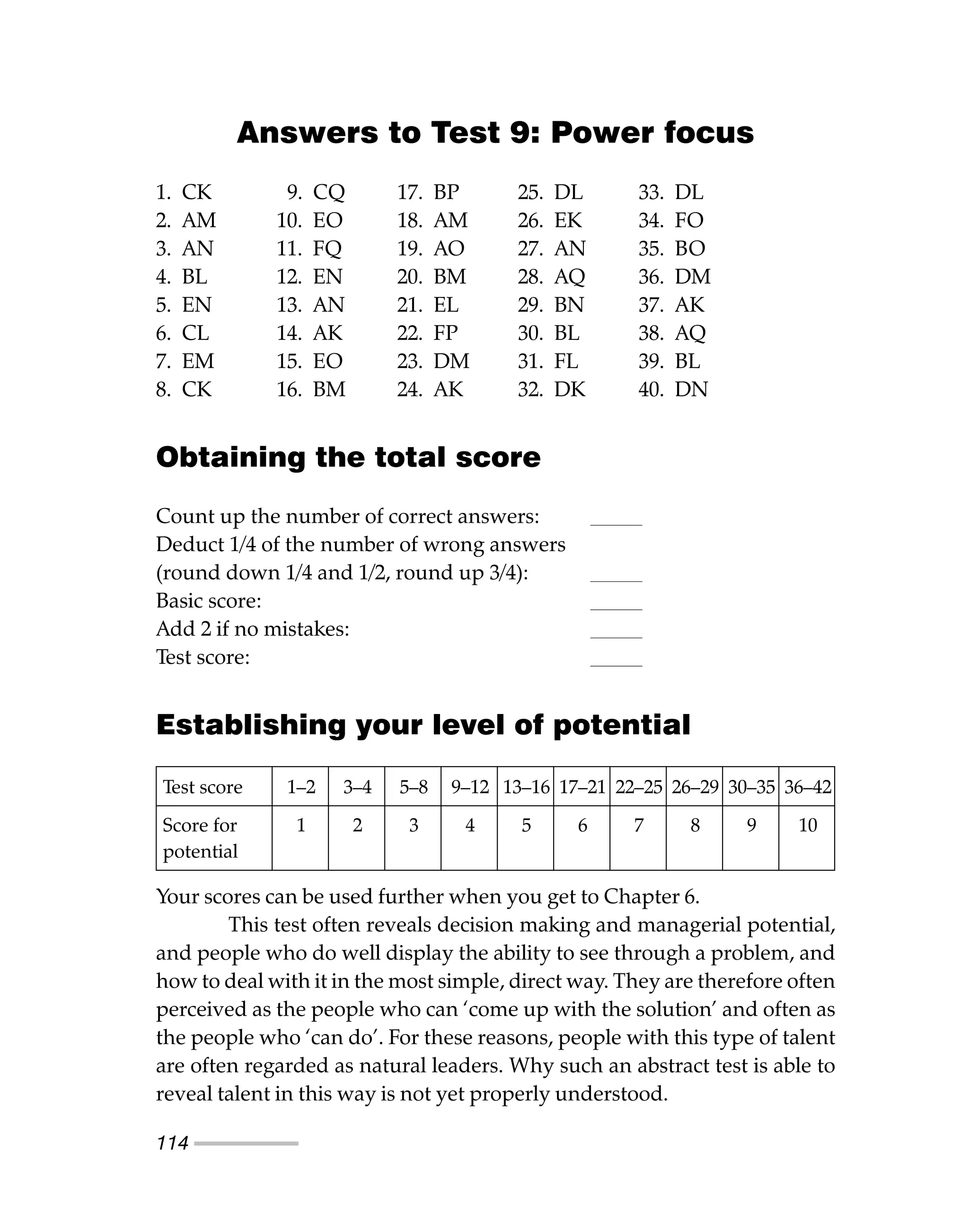 114
Answers to Test 9: Power focus
1. CK 9. CQ 17. BP 25. DL 33. DL
2. AM 10. EO 18. AM 26. EK 34. FO
3. AN 11. FQ 19. AO 27. AN 35. BO
4. BL 12. EN 20. BM 28. AQ 36. DM
5. EN 13. AN 21. EL 29. BN 37. AK
6. CL 14. AK 22. FP 30. BL 38. AQ
7. EM 15. EO 23. DM 31. FL 39. BL
8. CK 16. BM 24. AK 32. DK 40. DN
Obtaining the total score
Count up the number of correct answers:
Deduct 1/4 of the number of wrong answers
(round down 1/4 and 1/2, round up 3/4):
Basic score:
Add 2 if no mistakes:
Test score:
Establishing your level of potential
Your scores can be used further when you get to Chapter 6.
This test often reveals decision making and managerial potential,
and people who do well display the ability to see through a problem, and
how to deal with it in the most simple, direct way. They are therefore often
perceived as the people who can ‘come up with the solution’ and often as
the people who ‘can do’. For these reasons, people with this type of talent
are often regarded as natural leaders. Why such an abstract test is able to
reveal talent in this way is not yet properly understood.
Test score 1–2 3–4 5–8 9–12 13–16 17–21 22–25 26–29 30–35 36–42
Score for 1 2 3 4 5 6 7 8 9 10
potential
 