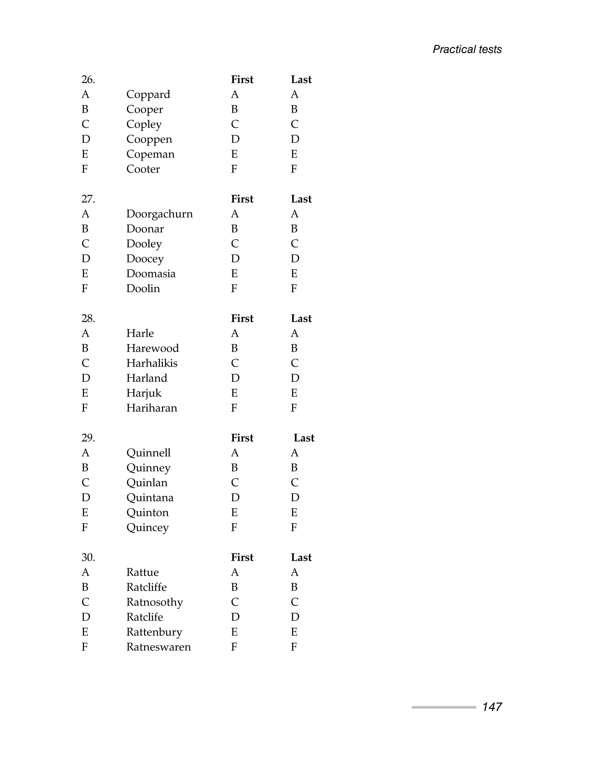26. First Last
A Coppard A A
B Cooper B B
C Copley C C
D Cooppen D D
E Copeman E E
F Cooter F F
27. First Last
A Doorgachurn A A
B Doonar B B
C Dooley C C
D Doocey D D
E Doomasia E E
F Doolin F F
28. First Last
A Harle A A
B Harewood B B
C Harhalikis C C
D Harland D D
E Harjuk E E
F Hariharan F F
29. First Last
A Quinnell A A
B Quinney B B
C Quinlan C C
D Quintana D D
E Quinton E E
F Quincey F F
30. First Last
A Rattue A A
B Ratcliffe B B
C Ratnosothy C C
D Ratclife D D
E Rattenbury E E
F Ratneswaren F F
Practical tests
147
 