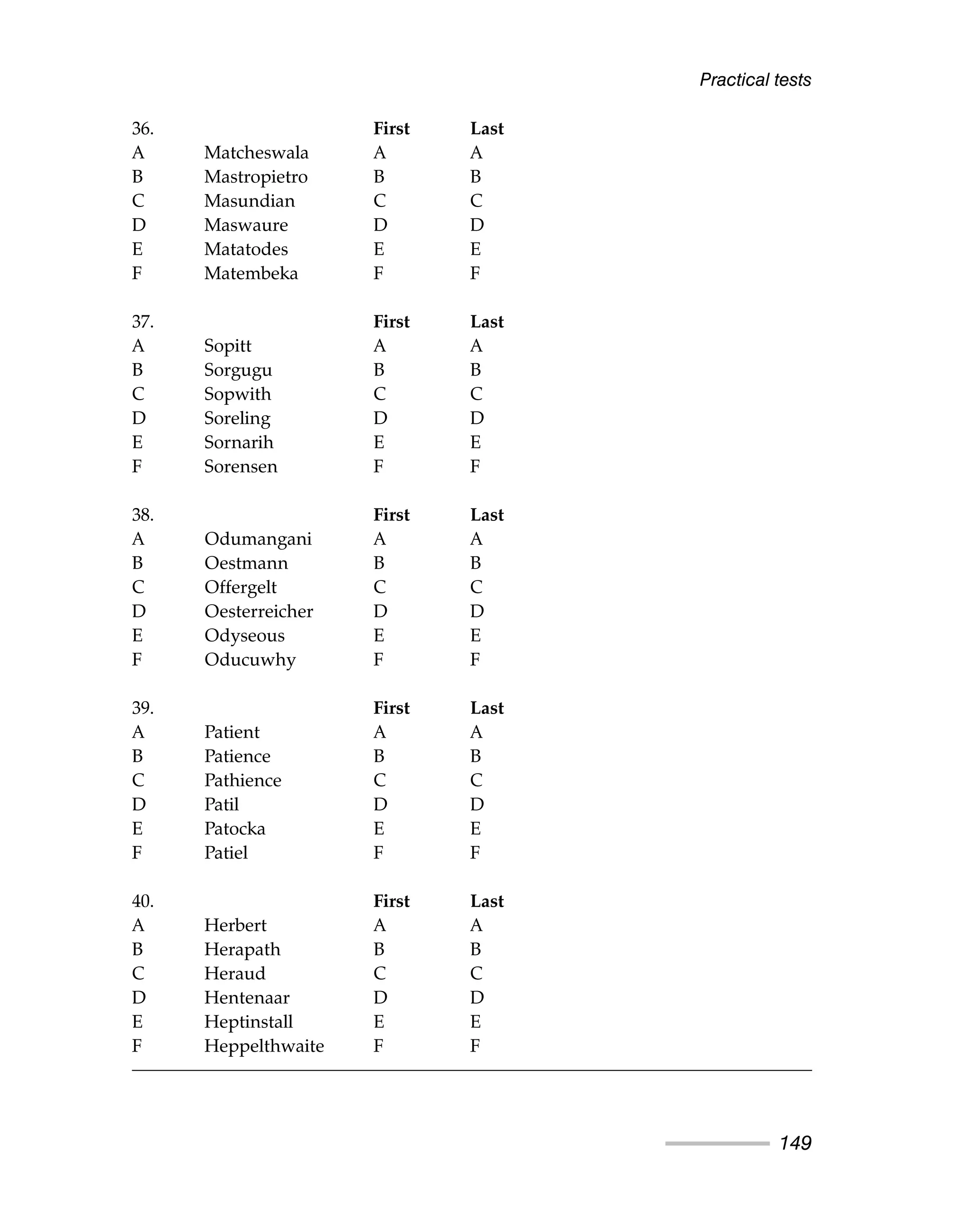 36. First Last
A Matcheswala A A
B Mastropietro B B
C Masundian C C
D Maswaure D D
E Matatodes E E
F Matembeka F F
37. First Last
A Sopitt A A
B Sorgugu B B
C Sopwith C C
D Soreling D D
E Sornarih E E
F Sorensen F F
38. First Last
A Odumangani A A
B Oestmann B B
C Offergelt C C
D Oesterreicher D D
E Odyseous E E
F Oducuwhy F F
39. First Last
A Patient A A
B Patience B B
C Pathience C C
D Patil D D
E Patocka E E
F Patiel F F
40. First Last
A Herbert A A
B Herapath B B
C Heraud C C
D Hentenaar D D
E Heptinstall E E
F Heppelthwaite F F
Practical tests
149
 