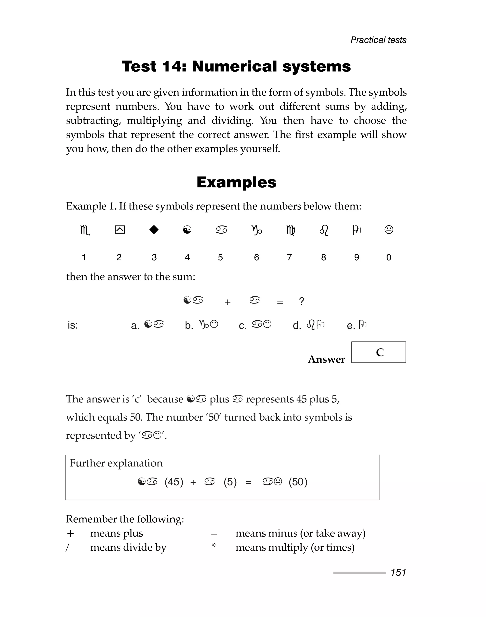 Test 14: Numerical systems
In this test you are given information in the form of symbols. The symbols
represent numbers. You have to work out different sums by adding,
subtracting, multiplying and dividing. You then have to choose the
symbols that represent the correct answer. The first example will show
you how, then do the other examples yourself.
Examples
Example 1. If these symbols represent the numbers below them:
then the answer to the sum:
Answer
Remember the following:
+ means plus – means minus (or take away)
/ means divide by * means multiply (or times)
Practical tests
151
☯
1 2 3 4 5 6 7 8 9 0
☯ +  = ?
is: a. ☯ b.  c.  d.  e. 
The answer is ‘c’ because ☯ plus  represents 45 plus 5,
which equals 50. The number ‘50’ turned back into symbols is
represented by ‘’.
Further explanation
☯ (45) +  (5) =  (50)
C
 