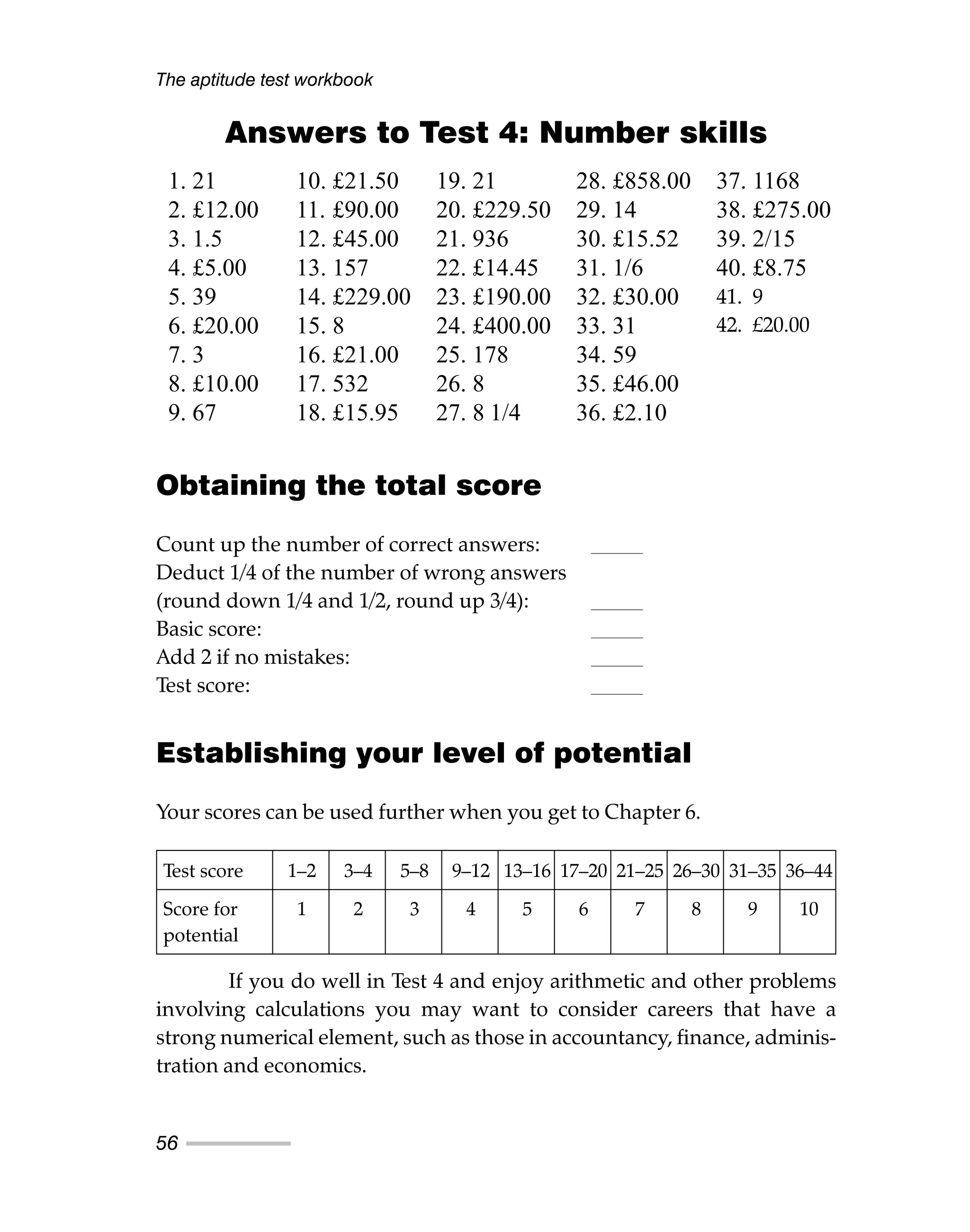 Answers to Test 4: Number skills
Obtaining the total score
Count up the number of correct answers:
Deduct 1/4 of the number of wrong answers
(round down 1/4 and 1/2, round up 3/4):
Basic score:
Add 2 if no mistakes:
Test score:
Establishing your level of potential
Your scores can be used further when you get to Chapter 6.
If you do well in Test 4 and enjoy arithmetic and other problems
involving calculations you may want to consider careers that have a
strong numerical element, such as those in accountancy, finance, adminis-
tration and economics.
The aptitude test workbook
56
1. 21
2. £12.00
3. 1.5
4. £5.00
5. 39
6. £20.00
7. 3
8. £10.00
9. 67
10. £21.50
11. £90.00
12. £45.00
13. 157
14. £229.00
15. 8
16. £21.00
17. 532
18. £15.95
19. 21
20. £229.50
21. 936
22. £14.45
23. £190.00
24. £400.00
25. 178
26. 8
27. 8 1/4
28. £858.00
29. 14
30. £15.52
31. 1/6
32. £30.00
33. 31
34. 59
35. £46.00
36. £2.10
37. 1168
38. £275.00
39. 2/15
40. £8.75
41. 9
42. £20.00
Test score 1–2 3–4 5–8 9–12 13–16 17–20 21–25 26–30 31–35 36–44
Score for 1 2 3 4 5 6 7 8 9 10
potential
 