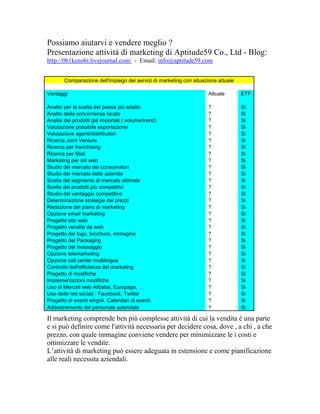Possiamo aiutarvi e vendere meglio ?
Presentazione attività di marketing di Aptitude59 Co., Ltd - Blog:
http://0b1kenobi.livejournal.com/ - Email: info@aptitude59.com


       Comparazione dell'impiego dei servizi di marketing con situazione attuale

Vantaggi                                                             Attuale       ETF

Analisi per la scelta del paese più adatto                           ?             Si
Analisi della concorrenza locale                                     ?             Si
Analisi dei prodotti già importati ( volume/trend)                   ?             Si
Valutazione possibile esportazione                                   ?             Si
Valutazione agenti/distributori                                      ?             Si
Ricerca Joint Venture                                                ?             Si
Ricerca per franchising                                              ?             Si
Ricerca per filiali                                                  ?             Si
Marketing per siti web                                               ?             Si
Studio del mercato dei consumatori                                   ?             Si
Studio del mercato delle aziende                                     ?             Si
Scelta del segmento di mercato ottimale                              ?             Si
Scelta dei prodotti più competitivi                                  ?             Si
Studio del vantaggio competitivo                                     ?             Si
Determinazione strategia dei prezzi                                  ?             Si
Redazione del piano di marketing                                     ?             Si
Opzione email marketing                                              ?             Si
Progetto sito web                                                    ?             Si
Progetto vendita da web                                              ?             Si
Progetto del logo, brochure, immagine                                ?             Si
Progetto del Packaging                                               ?             Si
Progetto del messaggio                                               ?             Si
Opzione telemarketing                                                ?             Si
Opzione call center multilingua                                      ?             Si
Controllo dell'efficienza del marketing                              ?             Si
Progetto di modifiche                                                ?             Si
Implementazioni modifiche                                            ?             Si
Uso di Mercati web Alibaba, Europage,                                ?             Si
Uso delle reti sociali : Facebook, Twitter                           ?             Si
Progetto di eventi singoli. Calendari di eventi.                     ?             Si
Addestramento del personale aziendale                                ?             Si

Il marketing comprende ben più complesse attività di cui la vendita è una parte
e si può definire come l'attività necessaria per decidere cosa, dove , a chi , a che
prezzo, con quale immagine conviene vendere per minimizzare le i costi e
ottimizzare le vendite.
L’attività di marketing può essere adeguata in estensione e come pianificazione
alle reali necessita aziendali.
 