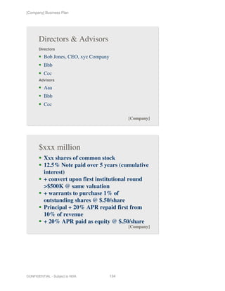 [Company] Business Plan




       Directors & Advisors
       Directors

          Bob Jones, CEO, xyz Company
          Bbb
          Ccc
       Advisors

          Aaa
          Bbb
          Ccc

                                              [Company]




       $xxx million
          Xxx shares of common stock
          12.5% Note paid over 5 years (cumulative
          interest)
          + convert upon first institutional round
          >$500K @ same valuation
          + warrants to purchase 1% of
          outstanding shares @ $.50/share
          Principal + 20% APR repaid first from
          10% of revenue
          + 20% APR paid as equity @ $.50/share
                                              [Company]




CONFIDENTIAL - Subject to NDA           134
 