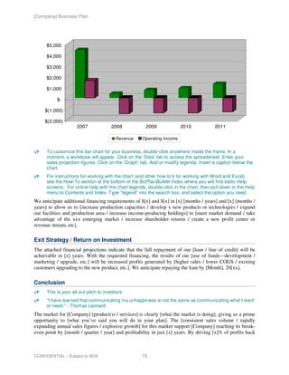 [Company] Business Plan




      $5,000

      $4,000

      $3,000

      $2,000

      $1,000

           $-

     $(1,000)

     $(2,000)
                     2007              2008            2009             2010             2011

                                         Revenue     Operating Income


      To customize this bar chart for your business, double-click anywhere inside the frame. In a
      moment, a workbook will appear. Click on the ‘Data’ tab to access the spreadsheet. Enter your
      sales projection figures. Click on the ‘Graph’ tab. Add or modify legends. Insert a caption below the
      chart.
      For instructions for working with the chart (and other how-to’s for working with Word and Excel),
      see the How-To section at the bottom of the BizPlanBuilder Index where you will find static Help
      screens.. For online help with the chart legends, double click in the chart, then pull down in the Help
      menu to Contents and Index. Type “legend” into the search box, and select the option you need.
We anticipate additional financing requirements of $[x] and $[x] in [x] [months / years] and [x] [months /
years] to allow us to [increase production capacities / develop x new products or technologies / expand
our facilities and production area / increase income-producing holdings] to [meet market demand / take
advantage of the xxx emerging market / increase shareholder returns / create a new profit center or
revenue stream, etc].

Exit Strategy / Return on Investment
The attached financial projections indicate that the full repayment of our [loan / line of credit] will be
achievable in [x] years. With the requested financing, the results of our [use of funds—development /
marketing / upgrade, etc.] will be increased profits generated by [higher sales / lower COGS / existing
customers upgrading to the new product, etc.]. We anticipate repaying the loan by [Month], 20[xx].

Conclusion
      This is your all-out pitch to investors
      “I have learned that communicating my unhappiness is not the same as communicating what I want
      or need.” - Thomas Leonard
The market for [Company] [product(s) / services] is clearly [what the market is doing], giving us a prime
opportunity to [what you’ve said you will do in your plan]. The [consistent sales volume / rapidly
expanding annual sales figures / explosive growth] for this market support [Company] reaching its break-
even point by [month / quarter / year] and profitability in just [x] years. By driving [x]% of profits back



CONFIDENTIAL - Subject to NDA                        10
 