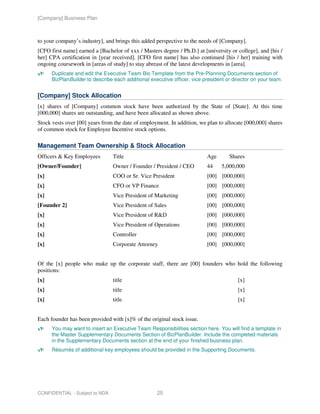 [Company] Business Plan



to your company’s industry], and brings this added perspective to the needs of [Company].
[CFO first name] earned a [Bachelor of xxx / Masters degree / Ph.D.] at [university or college], and [his /
her] CPA certification in [year received]. [CFO first name] has also continued [his / her] training with
ongoing coursework in [areas of study] to stay abreast of the latest developments in [area].
      Duplicate and edit the Executive Team Bio Template from the Pre-Planning Documents section of
      BizPlanBuilder to describe each additional executive officer, vice president or director on your team.


[Company] Stock Allocation
[x] shares of [Company] common stock have been authorized by the State of [State]. At this time
[000,000] shares are outstanding, and have been allocated as shown above.
Stock vests over [00] years from the date of employment. In addition, we plan to allocate [000,000] shares
of common stock for Employee Incentive stock options.

Management Team Ownership & Stock Allocation
Officers & Key Employees         Title                                    Age       Shares
[Owner/Founder]                  Owner / Founder / President / CEO        44     5,000,000
[x]                              COO or Sr. Vice President                [00] [000,000]
[x]                              CFO or VP Finance                        [00] [000,000]
[x]                              Vice President of Marketing              [00] [000,000]
[Founder 2]                      Vice President of Sales                  [00] [000,000]
[x]                              Vice President of R&D                    [00] [000,000]
[x]                              Vice President of Operations             [00] [000,000]
[x]                              Controller                               [00] [000,000]
[x]                              Corporate Attorney                       [00] [000,000]


Of the [x] people who make up the corporate staff, there are [00] founders who hold the following
positions:
[x]                              title                                                  [x]
[x]                              title                                                  [x]
[x]                              title                                                  [x]


Each founder has been provided with [x]% of the original stock issue.
      You may want to insert an Executive Team Responsibilities section here. You will find a template in
      the Master Supplementary Documents Section of BizPlanBuilder. Include the completed materials
      in the Supplementary Documents section at the end of your finished business plan.
      Résumés of additional key employees should be provided in the Supporting Documents.




CONFIDENTIAL - Subject to NDA                       25
 