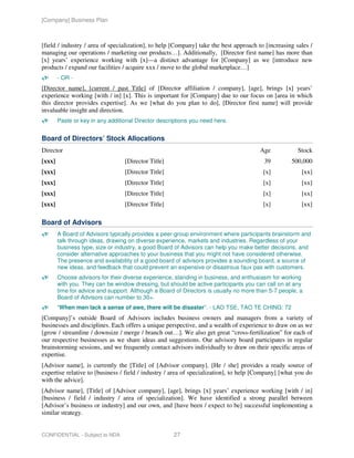 [Company] Business Plan



[field / industry / area of specialization], to help [Company] take the best approach to [increasing sales /
managing our operations / marketing our products…]. Additionally, [Director first name] has more than
[x] years’ experience working with [x]—a distinct advantage for [Company] as we [introduce new
products / expand our facilities / acquire xxx / move to the global marketplace…]
        - OR -
[Director name], [current / past Title] of [Director affiliation / company], [age], brings [x] years’
experience working [with / in] [x]. This is important for [Company] due to our focus on [area in which
this director provides expertise]. As we [what do you plan to do], [Director first name] will provide
invaluable insight and direction.
        Paste or key in any additional Director descriptions you need here.


Board of Directors’ Stock Allocations
Director                                                                               Age            Stock
[xxx]                             [Director Title]                                       39        500,000
[xxx]                             [Director Title]                                      [x]            [xx]
[xxx]                             [Director Title]                                      [x]            [xx]
[xxx]                             [Director Title]                                      [x]            [xx]
[xxx]                             [Director Title]                                      [x]            [xx]

Board of Advisors
        A Board of Advisors typically provides a peer-group environment where participants brainstorm and
        talk through ideas, drawing on diverse experience, markets and industries. Regardless of your
        business type, size or industry, a good Board of Advisors can help you make better decisions, and
        consider alternative approaches to your business that you might not have considered otherwise.
        The presence and availability of a good board of advisors provides a sounding board, a source of
        new ideas, and feedback that could prevent an expensive or disastrous faux pas with customers.
        Choose advisors for their diverse experience, standing in business, and enthusiasm for working
        with you. They can be window dressing, but should be active participants you can call on at any
        time for advice and support. Although a Board of Directors is usually no more than 5-7 people, a
        Board of Advisors can number to 30+.
        “When men lack a sense of awe, there will be disaster”. - LAO TSE, TAO TE CHING: 72
[Company]’s outside Board of Advisors includes business owners and managers from a variety of
businesses and disciplines. Each offers a unique perspective, and a wealth of experience to draw on as we
[grow / streamline / downsize / merge / branch out…]. We also get great “cross-fertilization” for each of
our respective businesses as we share ideas and suggestions. Our advisory board participates in regular
brainstorming sessions, and we frequently contact advisors individually to draw on their specific areas of
expertise.
[Advisor name], is currently the [Title] of [Advisor company]. [He / she] provides a ready source of
expertise relative to [business / field / industry / area of specialization], to help [Company] [what you do
with the advice].
[Advisor name], [Title] of [Advisor company], [age], brings [x] years’ experience working [with / in]
[business / field / industry / area of specialization]. We have identified a strong parallel between
[Advisor’s business or industry] and our own, and [have been / expect to be] successful implementing a
similar strategy.


CONFIDENTIAL - Subject to NDA                        27
 