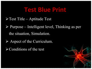 Test Blue Print  Test Title – Aptitude Test  Purpose – Intelligent level, Thinking as per the situation, Simulation. Aspect of the Curriculum. Conditions of the test  