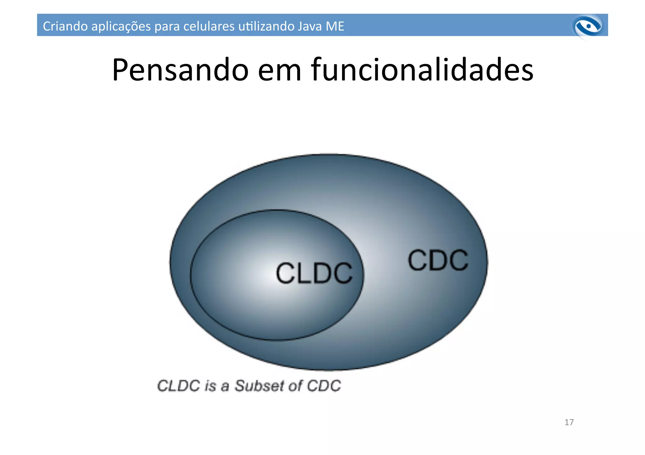 Pensando	
  em	
  funcionalidades	
  
17	
  
Criando	
  aplicações	
  para	
  celulares	
  u3lizando	
  Java	
  ME	
  
 