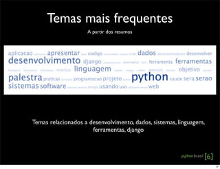 Temas mais frequentes
Temas relacionados a desenvolvimento, dados, sistemas, linguagem,
ferramentas, django
A partir dos resumos
17
 