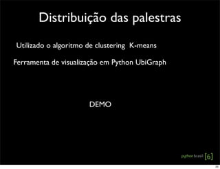 Distribuição das palestras
Utilizado o algoritmo de clustering K-means
Ferramenta de visualização em Python UbiGraph
DEMO
20
 