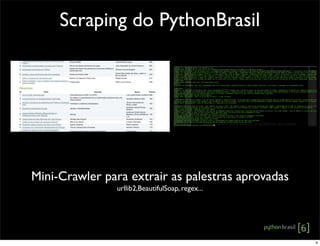 Scraping do PythonBrasil
Mini-Crawler para extrair as palestras aprovadas
urllib2,BeautifulSoap, regex...
4
 