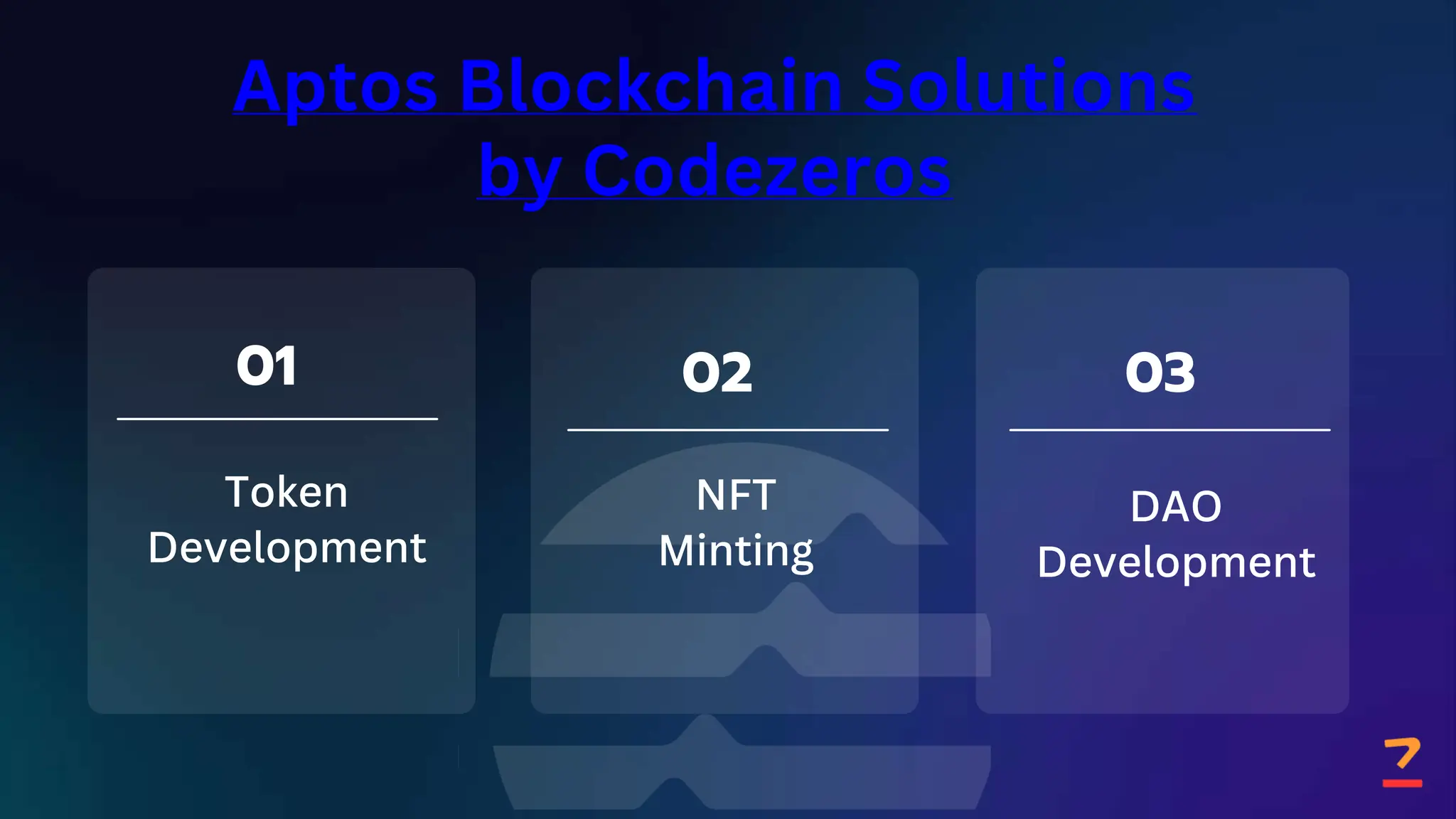 Aptos Blockchain Solutions
by Codezeros
Token
Development
01
NFT
Minting
02
DAO
Development
03
 