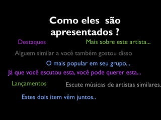 Como eles são
               apresentados ?
   Destaques                 Mais sobre este artista...
  Alguem similar a você também gostou disso
              O mais popular em seu grupo...
Já que você escutou esta, você pode querer esta...
 Lançamentos         Escute músicas de artistas similares.
     Estes dois item vêm juntos..
 