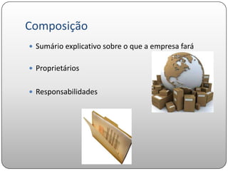 Composição
 Sumário explicativo sobre o que a empresa fará


 Proprietários


 Responsabilidades
 
